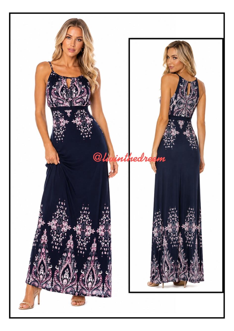Venus Embellished High Neck Floral Print Navy Blue Maxi Dress SZ Small